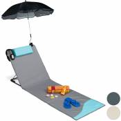 Relaxdays Matelas de plage, Litière de plage rembourré XXL avec un parasol, réglable, Poche, portable, gris