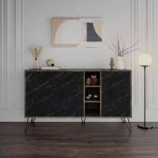 Buffet 142 cm avec 3 portes effet marbre noir et structure café foncé - Clara Bendir