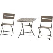 Ensemble bistro de jardin 3 pièces pliables design contemporain table carrée et 2 chaises à lattes métal époxy pe aspect bois