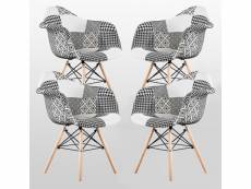 Lot de 4 chaises en tissu patchwork et métal noir - avec accoudoirs - noir & blanc
