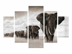 Pentaptyque atos l92xh56cm bois motif troupeau d'éléphants noir et blanc