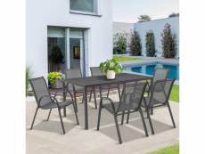 Salon de jardin poly table 150 cm et 6 chaises empilables gris anthracite