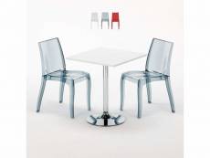 Table carrée blanche 70x70cm avec 2 chaises colorées et transparentes set intérieur bar café cristal light titanium