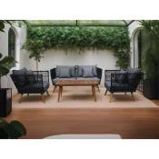 Tiago - salon bas de jardin 4 places + table - corde et bois - noir et coussins gris - noir / gris / bois - Noir / Gris / Bois