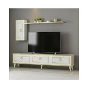 Ensemble meuble tv lorenz 180 cm blanc et doré - Blanc