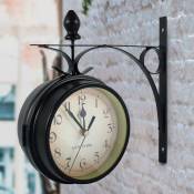 Horloge murale double face, horloge de jardin rétro européenne avec double surface en verre, horloge de décoration vintage suspendue avec support,