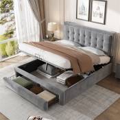 Lit coffre lit double rembourré avec sommier à lattes et tête de lit structure en bois - lit hydraulique de rangement avec 2 tiroirs en velours gris