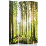 Paravent Ambiance Forêt et Lumière - Cloison Nature 3 Panneaux - 110 x 150 cm - 1 face déco, 1 face noir - Vert