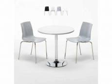 Table ronde blanche 70x70cm avec 2 chaises colorées et transparentes set intérieur bar café lollipop silver
