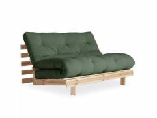 Canapé convertible futon roots pin naturel coloris vert olive couchage 140*200 cm. 20100886328