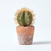 Petit cactus artificiel rond orange en pot en terracotta,