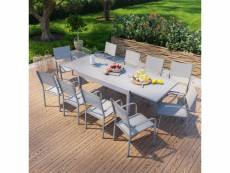 Table de jardin extensible en aluminium 270cm + 10 fauteuils empilables textilène gris - milo 10