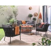 Bestmobilier - Moana - salon bas de jardin 4 pl + table - corde, métal et bois - noir coussins gris - housse de protection - multicolore - Multicolore