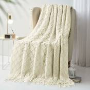Couvertures tricotées à Plaid,lit Jeté de lit Couverture à Franges Décoration Couverture à Tricoter 150x200cm (Beige)