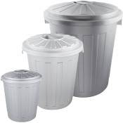 Keeeper - Lot de 3 poubelles / tapis de poubelle polyvalents avec couvercle verrouillable en plastique résistant de 7/23/50 litres en argent