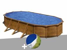 Kit piscine acier aspect bois gré pacific ovale 7,44 x 3,99 x 1,22 m + bâche à bulles