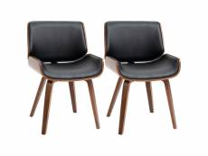 Lot de 2 chaises design vintage piètement châssis bois peuplier aspect noyer revêtement mixte synthétique tissu noir
