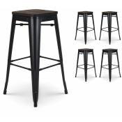 Lot de 4 tabourets de bar en métal noir mat style industriel et assise en bois foncé - Sans dossier - Hauteur 76 cm - Kosmi