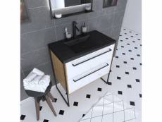Meuble de salle de bain 80x50cm - vasque noir effet pierre 80x50cm - 2 tiroirs