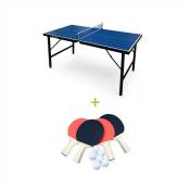 Mini table de ping pong 150x75cm - table pliable indoor bleue. avec 4 raquettes et 6 balles. valise de jeu pour utilisation intérieure. sport tennis