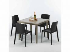 Table carrée beige + 4 chaises colorées poly rotin