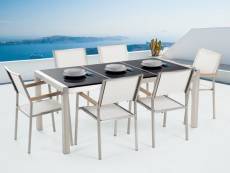 Table de jardin en plateau granit noir poli 180 cm et 6 chaises blanches grosseto 34371