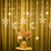 Toiles Lune Rideau Lumières, 3.5m Lune Rideau Lumineux Ramadan, led Guirlande Lumineuse Étoiles, Star Rideaux Lumière, Lampe Décorative pour Fenetre,