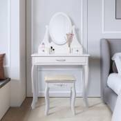 Coiffeuse Table de Maquillage Blanc avec Tabouret, 1 Miroir et 3 Tiroirs, 75x140x40 cm, Table de Toilette Romantique en Bois mdf, Table de Cosmétique