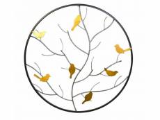 Décoration murale ronde en métal avec un cadre laqué noir design oiseaux dorés sur branches dec05107