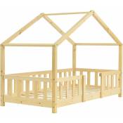 Lit cabane pour enfant forme de maison avec barrière de sécurité en bois de pin couleur naturel 80 x 160 cm