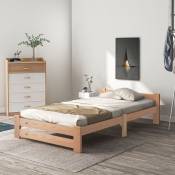 Lit futon en bois massif massif, lit en bois massif naturel avec tête de lit et sommier à lattes, naturel (200x90cm)