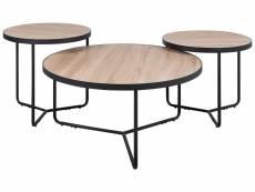 Lot de 3 tables basses noires avec plateau bois clair