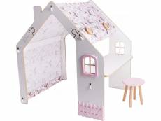 Maisonnette pour enfant en bois "bianelli" avec bureau - 114 x 93 x 120 cm - blanc - rose