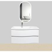 Meuble salle de bain avec vasque/lavabo wave 100 suspendu laqué Blanc brillant, Miroir led avec plan résine, meuble monté