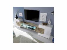 Meuble tv 2 portes laqué blanc brillant-bois fumé à leds - catane - l 258 x l 37 x h 61 cm - neuf
