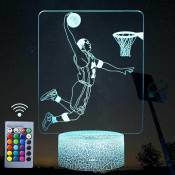 Veilleuse 3D Joueur de Basket-Ball Veilleuses, Lampe Décor LED Illusion avec Télécommande et Bouton Intelligent 16 Couleurs Lumière Changeante avec