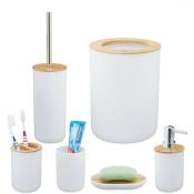Accessoires salle de bain, lot de 6, en plastique et en bambou, ensemble complet, blanc - Relaxdays