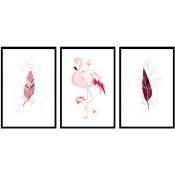 Flamingo pink Trio, Set de 3 affiches murales - 90x45cm - Blanc