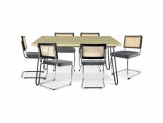 Pack table à manger design industriel 150cm & 6 chaises de salle à manger en rotin - tapisserie en velours - hyre gris foncé