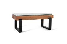Table basse bois récupéré et base métal avec plateau en verre