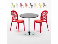 Table ronde noire 70 x 70 cm et 2 chaises colorées