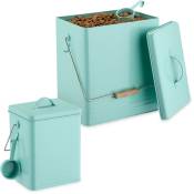 Boîte de conservation, lot de 2, 2 tailles, avec couvercle & cuillère, fer, récipient croquettes, turquoise - Relaxdays