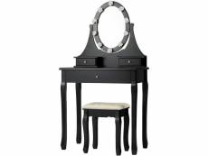 Costway Coiffeuse avec Un Miroir et Lampe à LED,Table de Maquillage avec Un Tabouret et 3 Tiroirs Pieds en Bois de Pin Résistants (Noir)