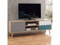 Meuble tv au design scandinave 2 tiroirs avec porte à compartiment ouvert en bois glabas 2563STOCK