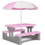 Salon de jardin pour enfants ensemble 1 table et 2 bancs fixes parasol jouet jeu table terrasse pique-nique Rose gris - Spielwerk