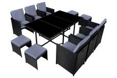Table et chaises 10 places en résine tressée noir et gris