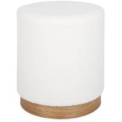 Tabouret scandinave rond en bouclettes blanches structure bois de sapin Ø40 x h 45cm - Blanc