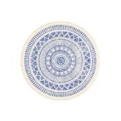 Tapis rond en coton blanc à franges - Aztèque - Motifs bleu - Rond ø 90 cm
