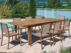 Ensemble repas table rectangulaire extensible en aluminium aspect Teck SANTORIN avec 10 fauteuils - Jardiline