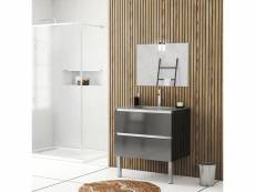 Meuble salle de bains 80cm gris laqué à tiroirs, vasque verre gris, miroir et led - natura mood